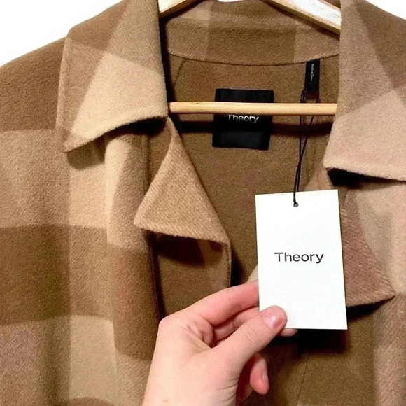 NWT Theory Buffalo Plaid Double Faced Check Overlay Tan Blazer Wool Coat Large - Picture 8 of 11